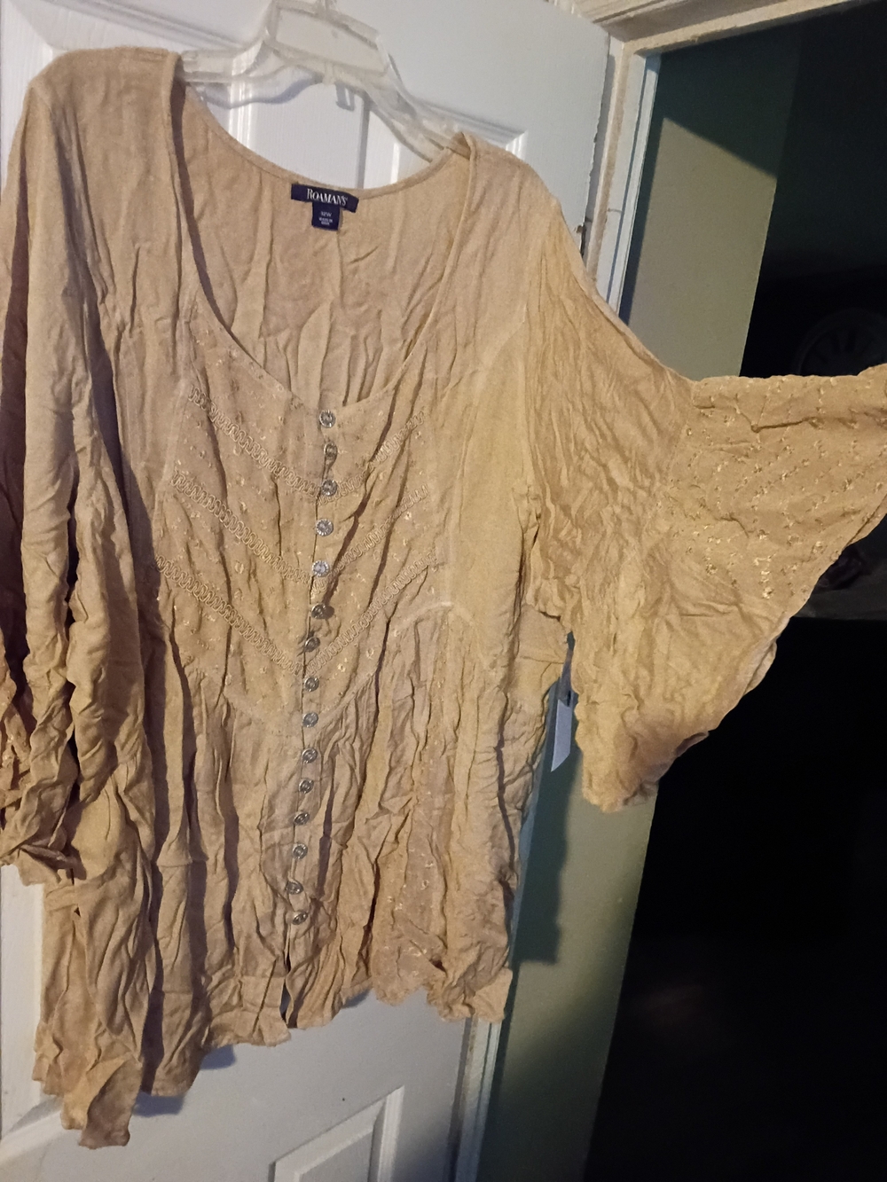 Roaman's Beige Button-Front Bell Sleeve Blouse